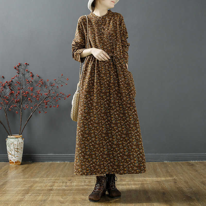 千秋飞燕文艺盘扣碎花加绒连衣裙 千秋飞燕连衣裙