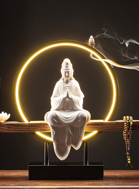 陶瓷净瓶观音摆件佛象家用供奉镇宅瓷像观音普萨像禅意佛像带灯圈