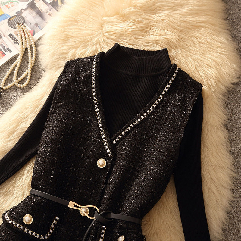 秋冬炸街小香风毛呢马甲外套女两件套2024新款马甲毛衣显瘦套装,淘宝优惠券,粉丝福利购,淘宝优惠卷