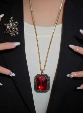 镀金红色水晶项链女长款毛衣链