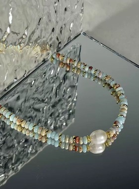 OASIS天然寿山石巴洛克淡水珍珠小众彩色串珠项链女款叠戴锁骨链