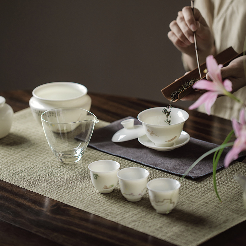 茶艺教学套组羊脂玉白瓷手工盖碗茶杯茶席功夫茶具旅行包套组-图0