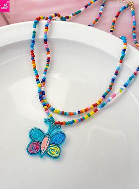 boho double-layer short necklace colorful rice beads choker