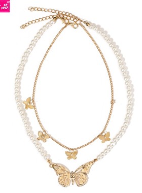 Double Butterfly Pendant Necklace Temperament Pearl choker