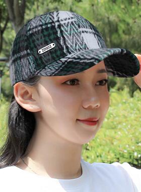 帽子女千鸟格百搭加厚秋冬季保暖鸭舌帽户外可调节洋气棒球帽男潮