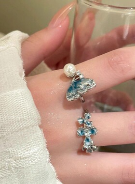 轻奢蝴蝶珍珠叠戴女士食指戒