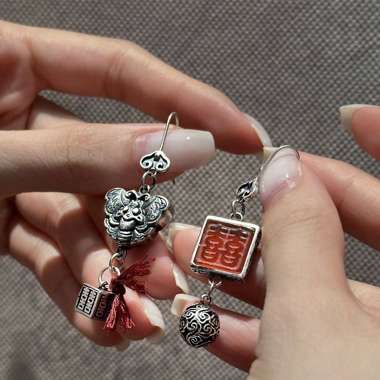 红双喜祥云珠双喜蝴蝶祥云AB款耳钩气质耳坠耳饰新中式耳环民族风,淘宝优惠券,粉丝福利购,淘宝优惠卷