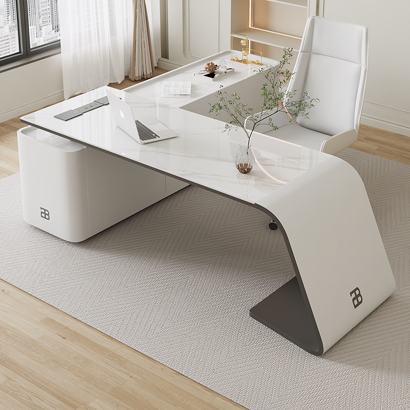 意式极简岩板书桌书房现代简约家用L型电脑桌书柜一体轻奢办公桌 - 图3