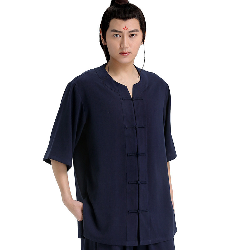 山人太极服棉麻男女夏季武术服练功服中老年太极拳服装表演服短袖_虎窝淘