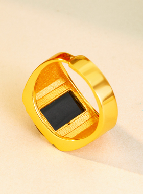 新中式仿金色黑曜石戒指时尚指环