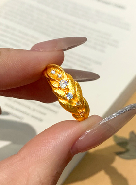 仿金色拉丝镶钻叶片轻奢开口指环