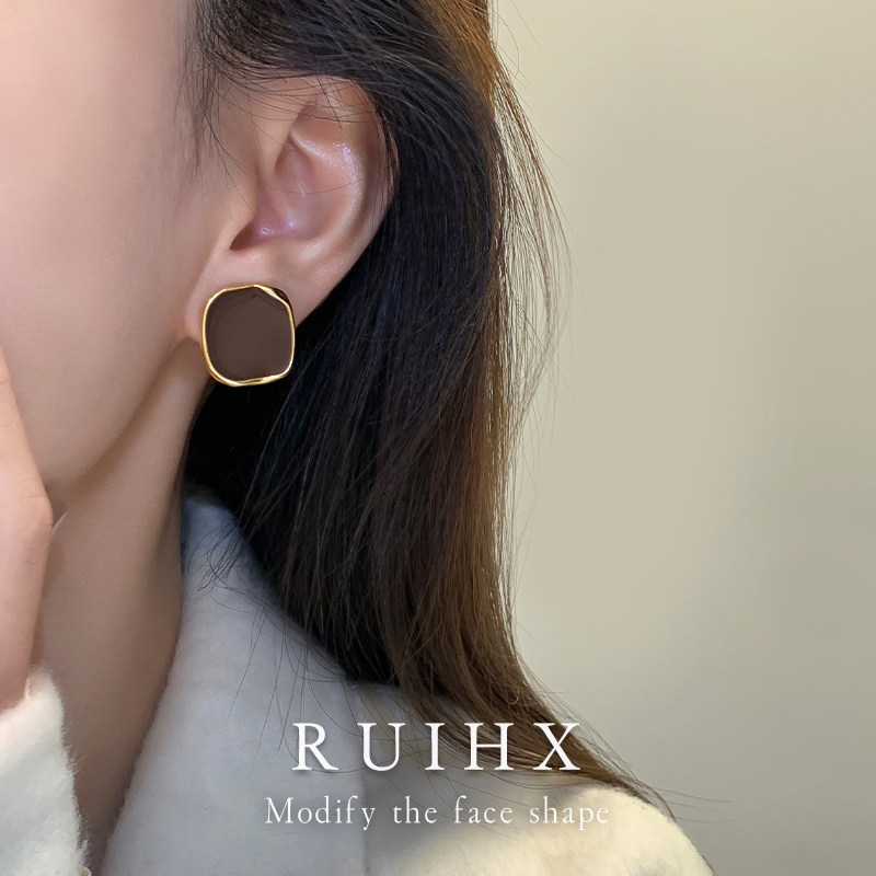 999纯银针美拉德方形耳钉女轻奢小众高级感气质棕色方形秋冬耳饰,淘宝优惠券,粉丝福利购,淘宝优惠卷