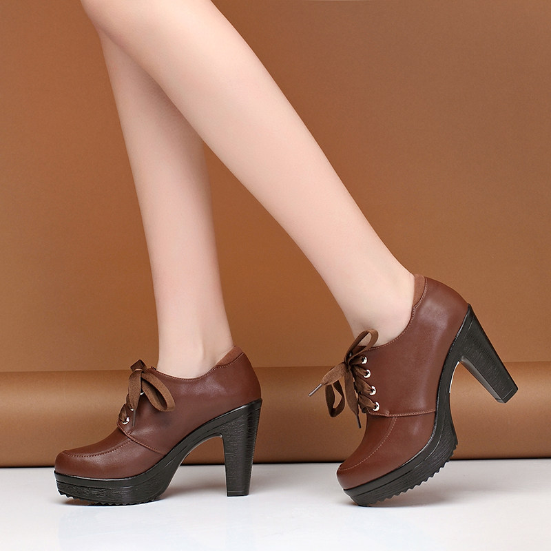 2025年春秋粗跟女鞋牛皮厚底高跟鞋防水台系带深口单鞋加绒妈妈鞋,淘宝优惠券,粉丝福利购,淘宝优惠卷