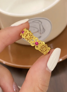 复古简约黄金色花丝珐琅戒指镂空轻奢百搭小众时尚精致指环女戒指