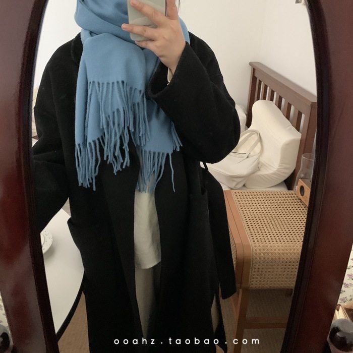 韩剧女主｜蓝围巾 中性风秋冬加厚保暖披肩纯色男女羊毛情侣围脖,淘宝优惠券,粉丝福利购,淘宝优惠卷