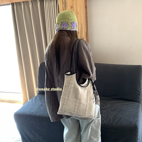 北海度假系列·自制送挂件~编织包钩花网兜单肩包大容量ins托特包 - 图0