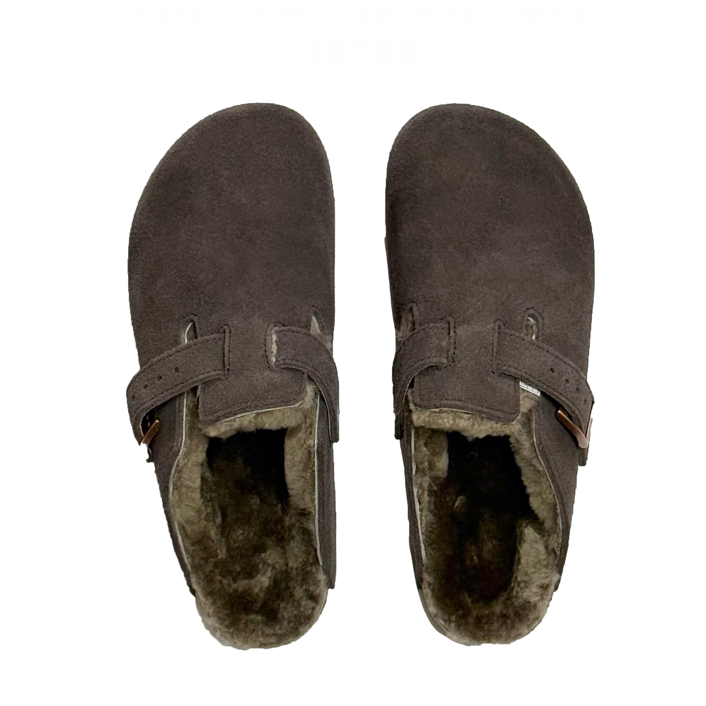 牛皮版~复古磨砂牛皮勃肯鞋半拖女冬季加绒一脚蹬厚底包头毛毛鞋 - 图3