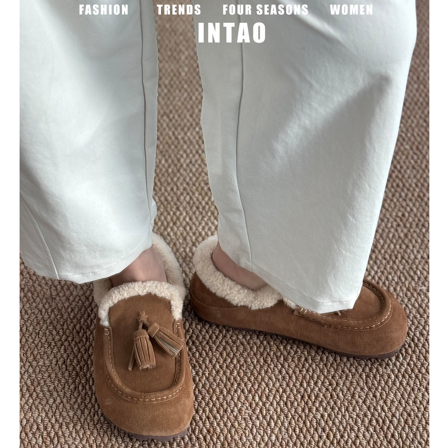 复古流苏豆豆毛毛鞋女冬加绒外穿2025新款一脚蹬深口棉鞋厚底单鞋,淘宝优惠券,粉丝福利购,淘宝优惠卷