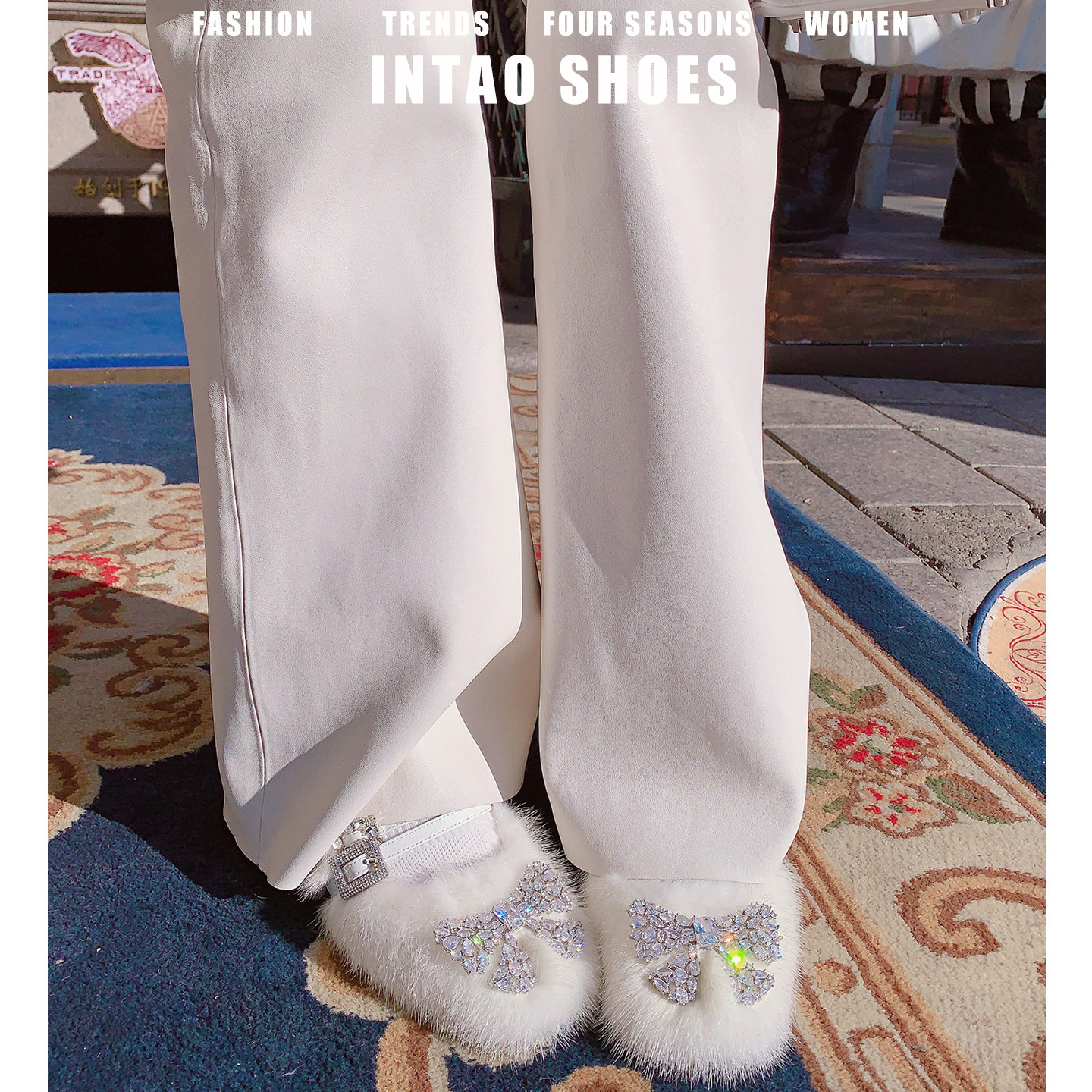白色绝美水貂高跟毛毛鞋女冬加绒2025新款外穿蝴蝶结水钻玛丽珍鞋,淘宝优惠券,粉丝福利购,淘宝优惠卷