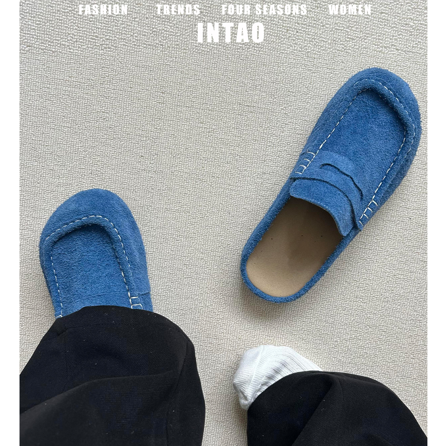 蓝色磨砂牛皮软木厚底勃肯鞋女2025秋季新款一脚蹬包头穆勒鞋半拖 - 图0