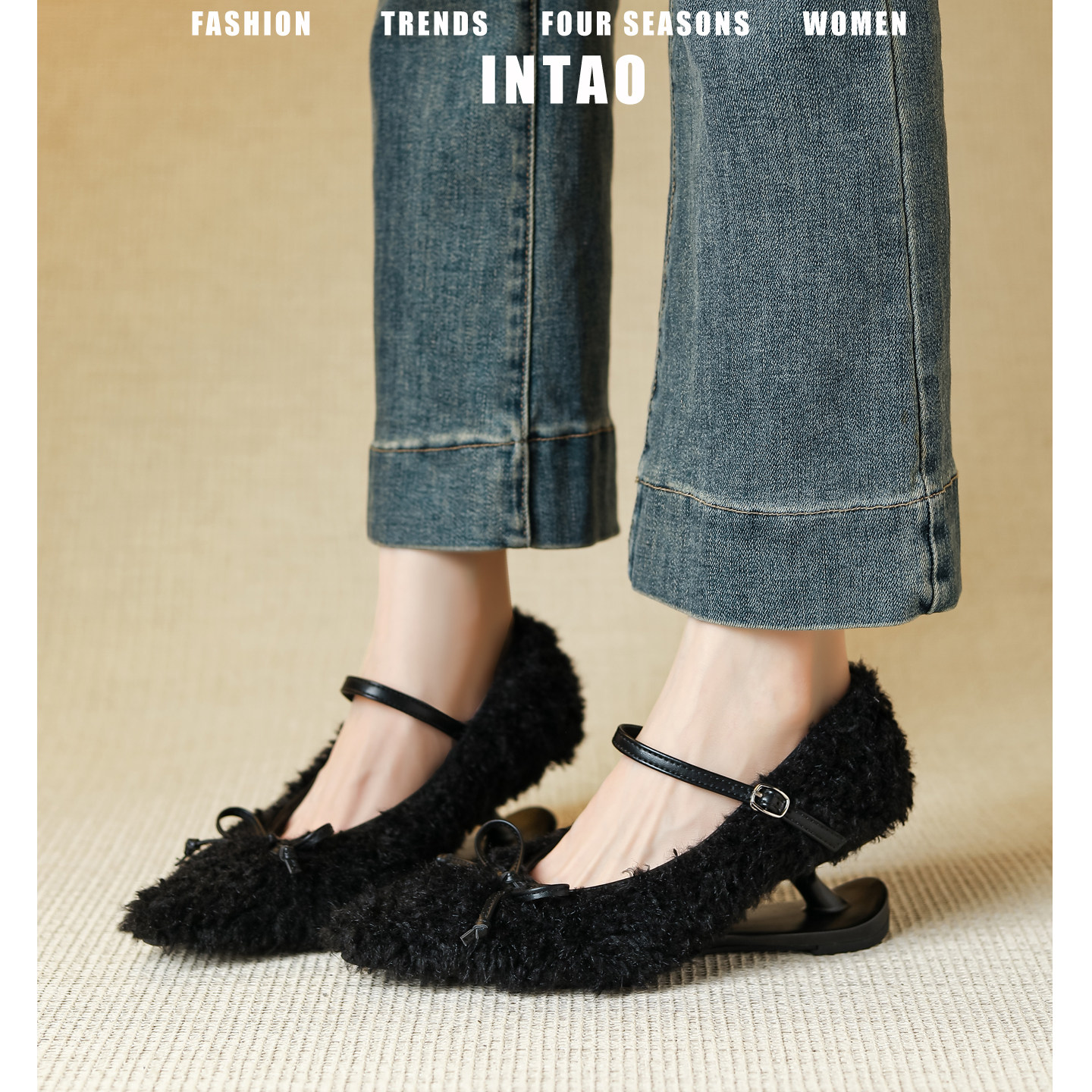 黑色一字带毛毛鞋女秋冬加绒2025新款法式尖头棉鞋小个子高跟单鞋,淘宝优惠券,粉丝福利购,淘宝优惠卷