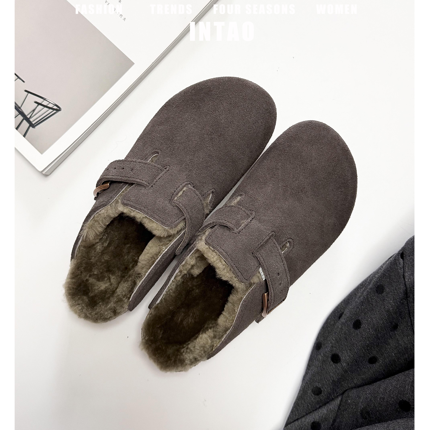 牛皮版~复古磨砂牛皮勃肯鞋半拖女冬季加绒一脚蹬厚底包头毛毛鞋 - 图0