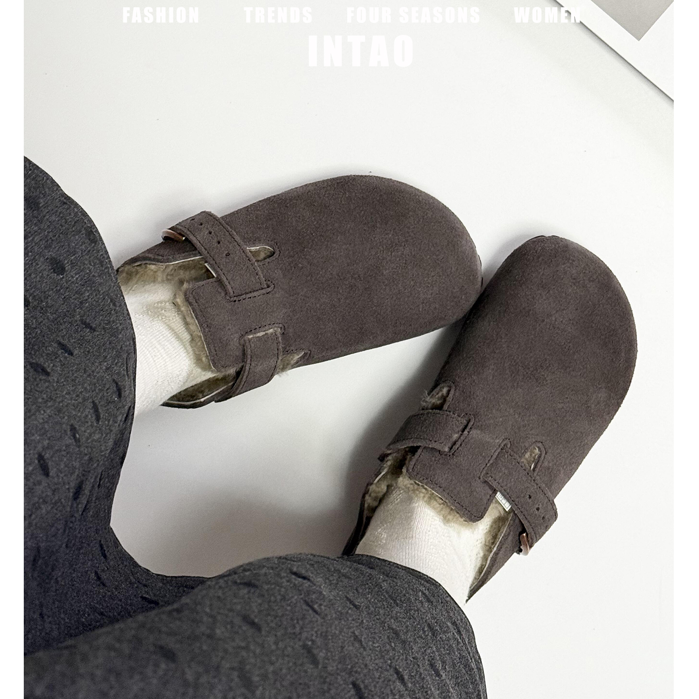 牛皮版~复古磨砂牛皮勃肯鞋半拖女冬季加绒一脚蹬厚底包头毛毛鞋 - 图2