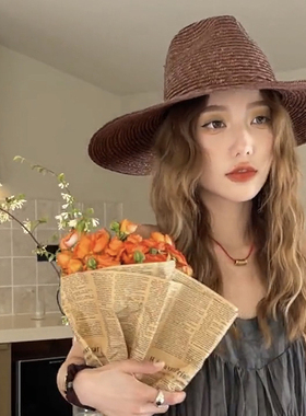 细麦秆大檐草帽法式女春夏