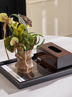 现代简约售楼处洽谈桌茶几托盘花艺组合烟灰缸纸巾盒摆件组合套装