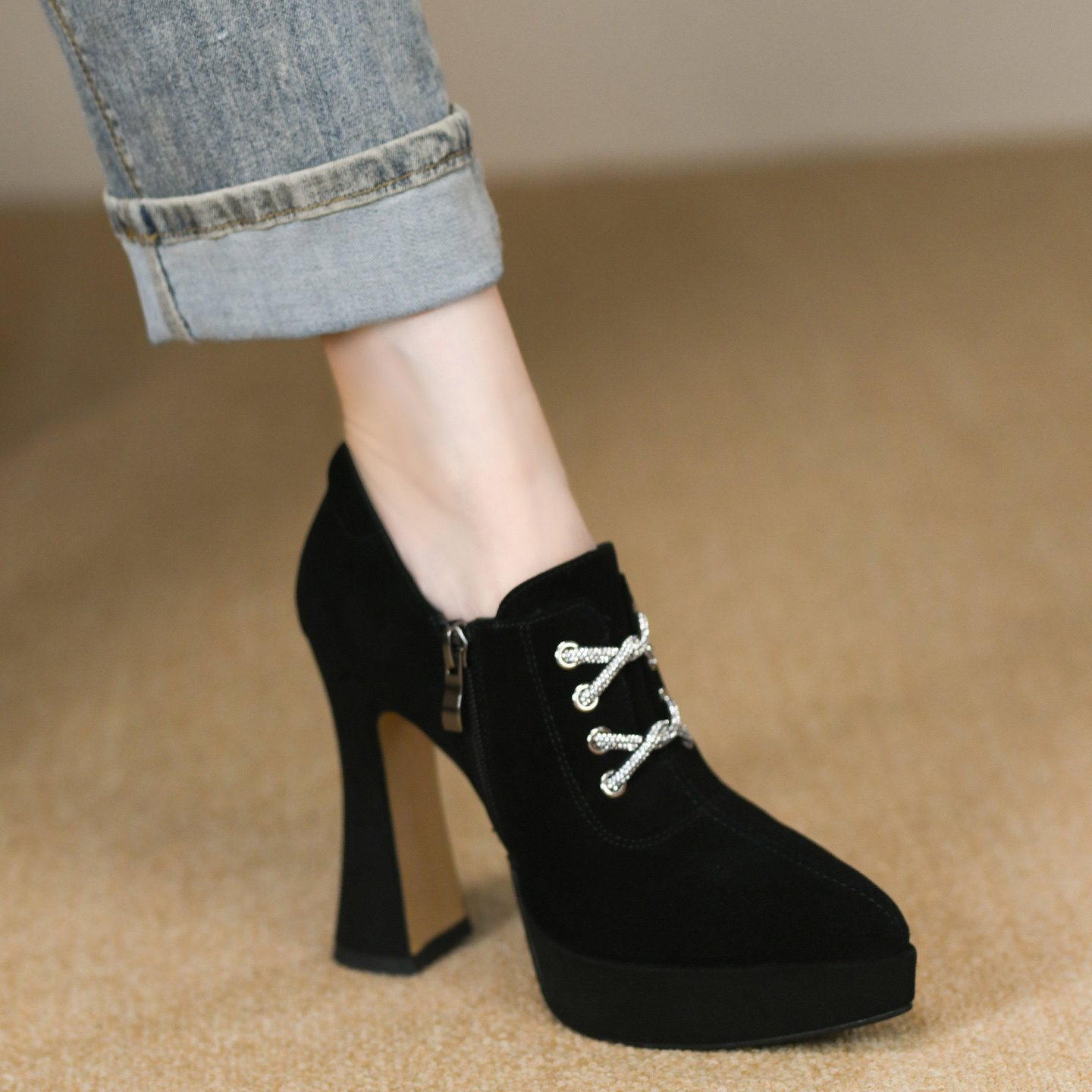 2025年秋季新款羊猄皮超高跟粗跟厚底尖头时尚拉链深口单鞋女,淘宝优惠券,粉丝福利购,淘宝优惠卷