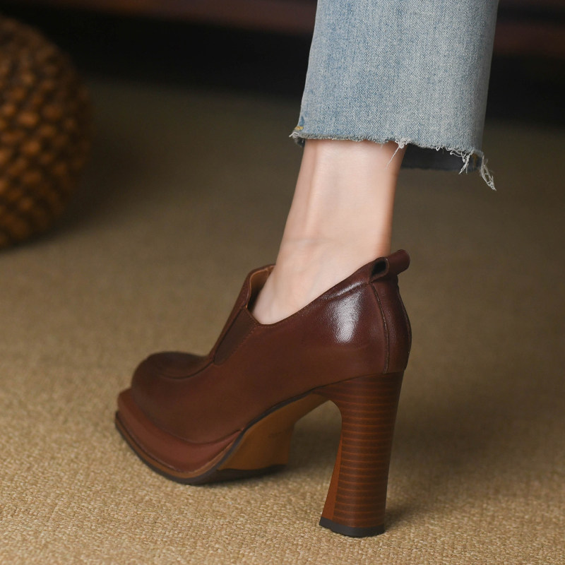 棕色深口单鞋女粗跟春秋防水台真羊皮拉链复古方头高跟鞋女9.5cm,淘宝优惠券,粉丝福利购,淘宝优惠卷