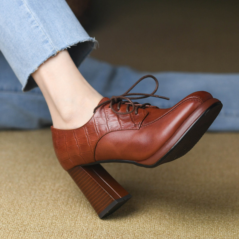 8cm方头深口粗跟单鞋女2024春季真皮羊皮侧拉链复古棕色高跟鞋女,淘宝优惠券,粉丝福利购,淘宝优惠卷
