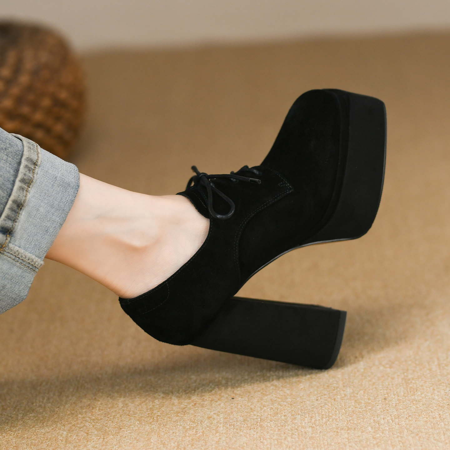 11cm厚底超高跟鞋女春秋新款磨砂真羊皮系带防水台粗跟深口单鞋女,淘宝优惠券,粉丝福利购,淘宝优惠卷