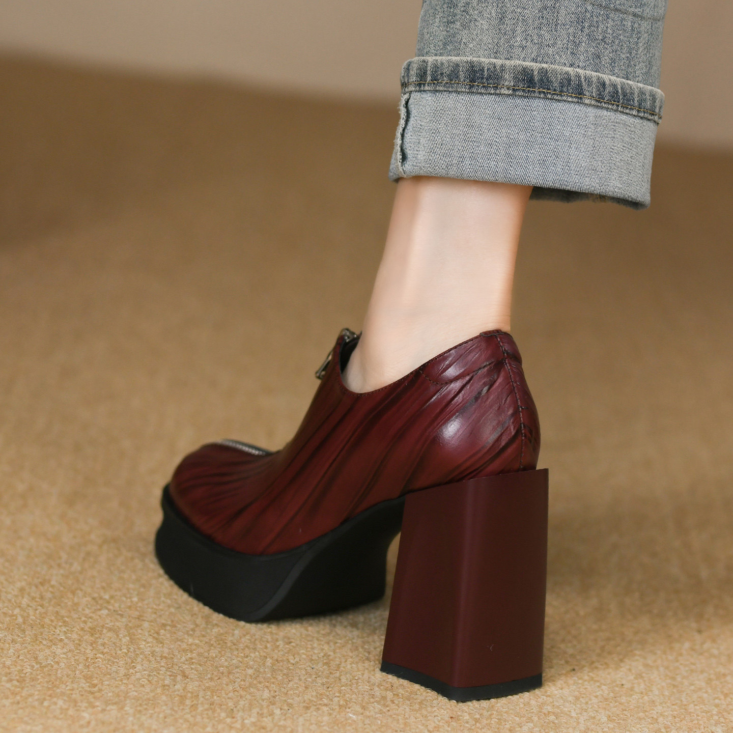 10cm秋季新款头层牛皮超高跟粗跟厚底方头时尚前拉链深口单鞋女,淘宝优惠券,粉丝福利购,淘宝优惠卷