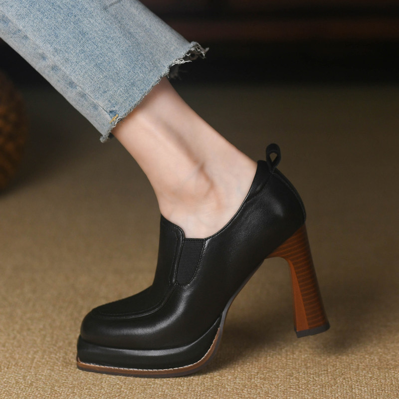 棕色深口单鞋女粗跟春秋防水台真羊皮拉链复古方头高跟鞋女9.5cm,淘宝优惠券,粉丝福利购,淘宝优惠卷