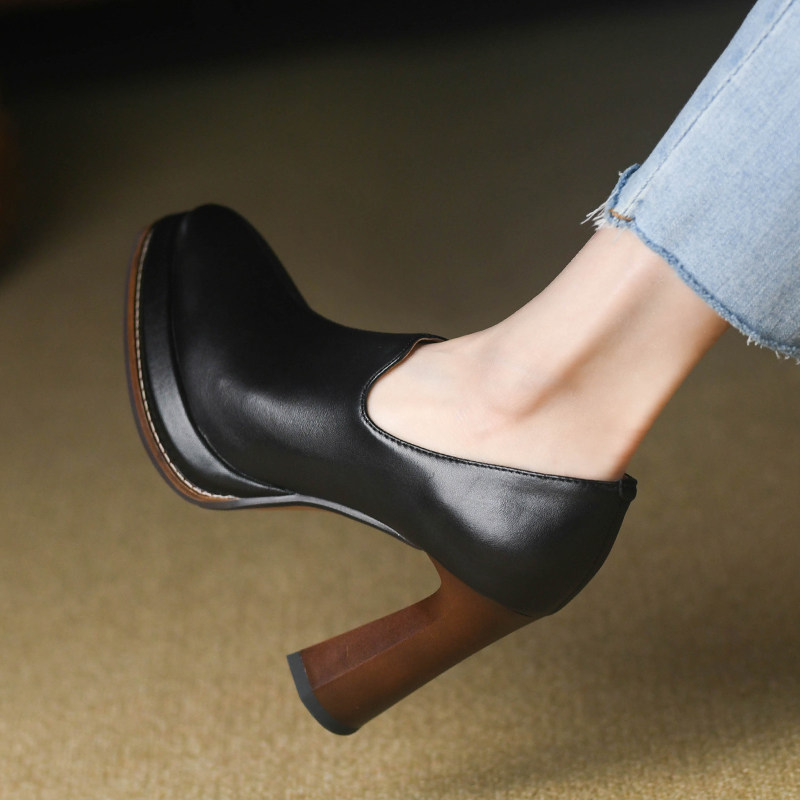 棕色深口尖头单鞋女粗跟春季羊皮真皮女鞋防水台复古高跟鞋女10cm,淘宝优惠券,粉丝福利购,淘宝优惠卷