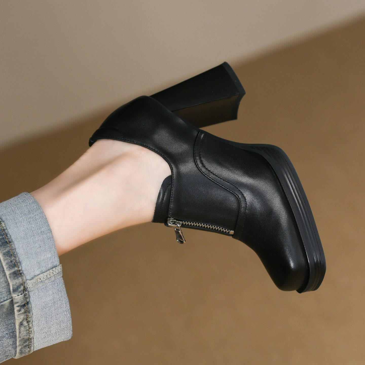 8.5cm方头高跟鞋女秋季新款全牛皮真皮前拉链厚底深口单鞋女粗跟,淘宝优惠券,粉丝福利购,淘宝优惠卷