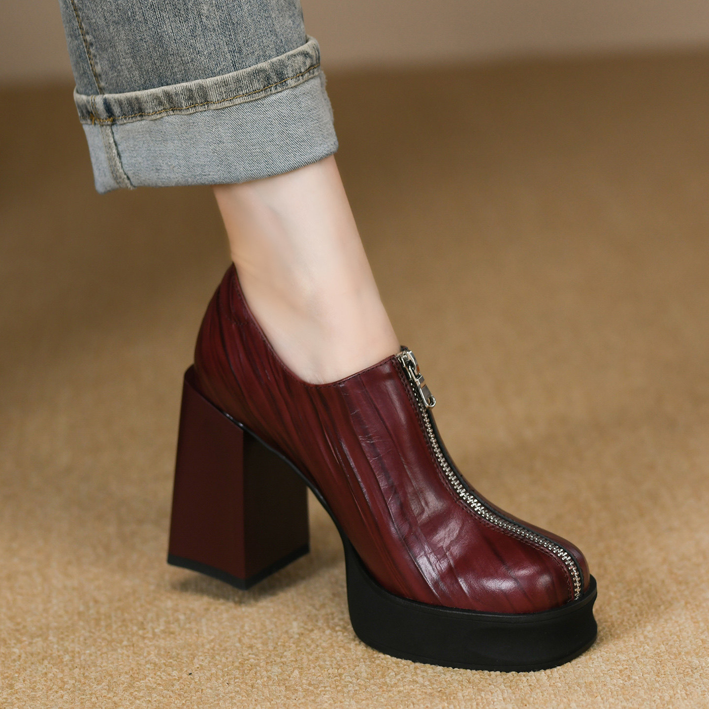 10cm秋季新款头层牛皮超高跟粗跟厚底方头时尚前拉链深口单鞋女,淘宝优惠券,粉丝福利购,淘宝优惠卷