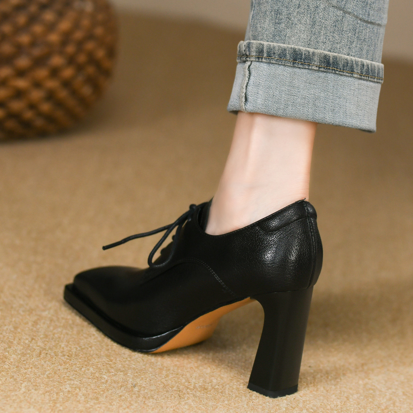 8.5cm时尚深口方头单鞋女高跟秋季新款系带真羊皮黑色粗跟皮鞋女,淘宝优惠券,粉丝福利购,淘宝优惠卷