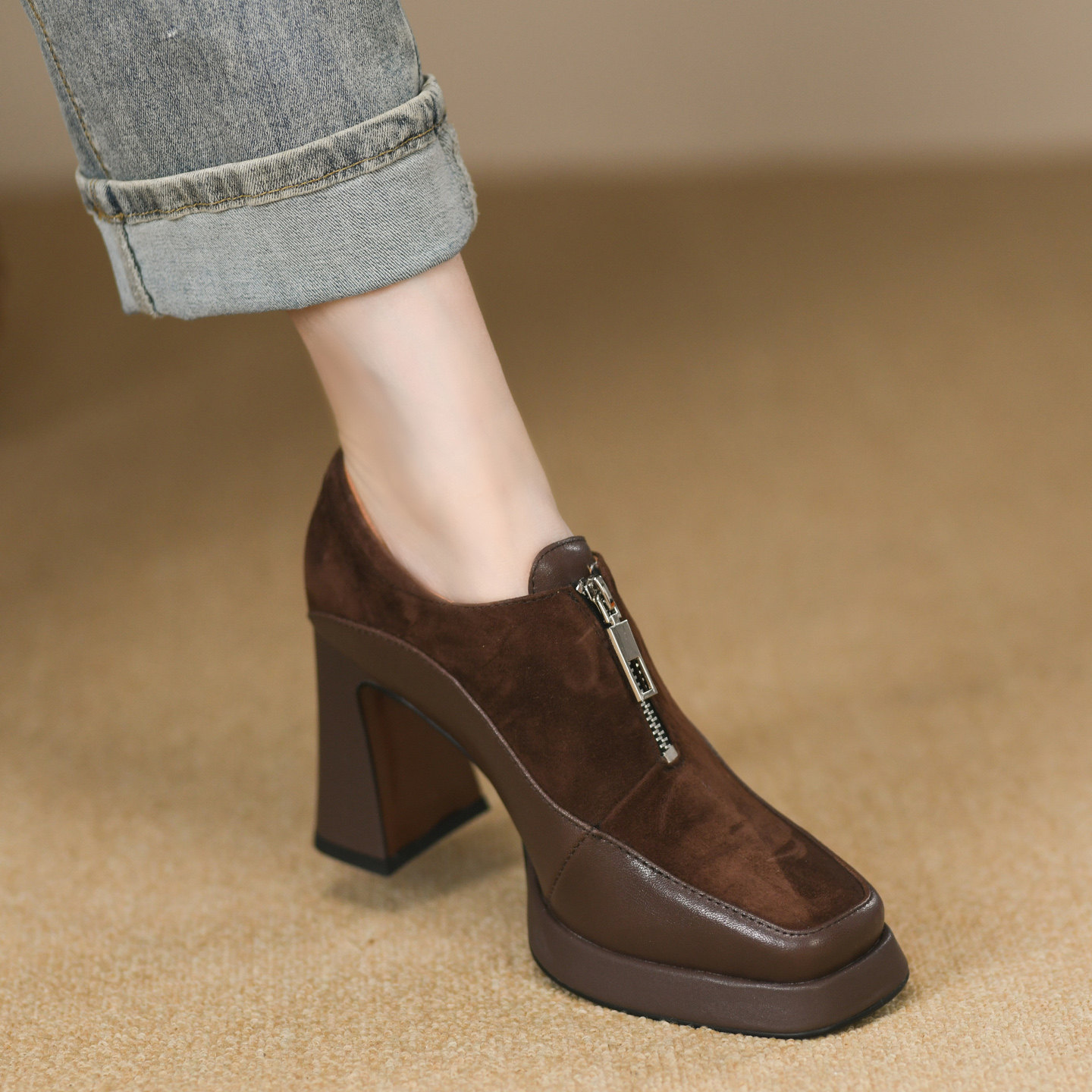 2025年秋季新款超高跟羊反皮粗跟方头厚底拉链一脚蹬深口单鞋女,淘宝优惠券,粉丝福利购,淘宝优惠卷