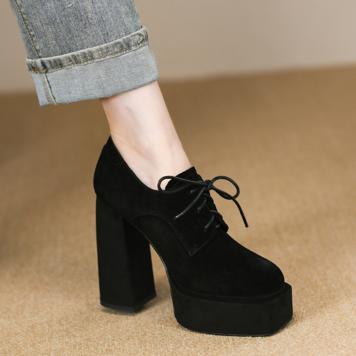 11cm厚底超高跟鞋女春秋新款磨砂真羊皮系带防水台粗跟深口单鞋女,淘宝优惠券,粉丝福利购,淘宝优惠卷