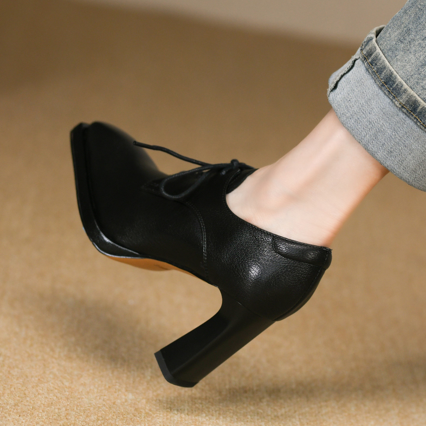 8.5cm时尚深口方头单鞋女高跟秋季新款系带真羊皮黑色粗跟皮鞋女,淘宝优惠券,粉丝福利购,淘宝优惠卷