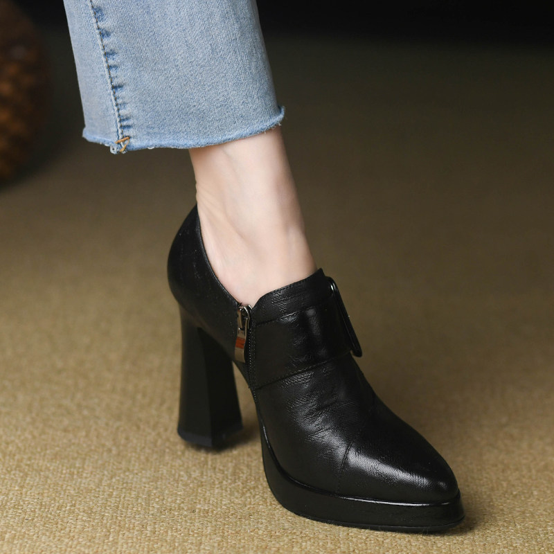 复古尖头深口单鞋女粗跟春款皮带扣拉链压花全牛皮黑色高跟鞋10cm,淘宝优惠券,粉丝福利购,淘宝优惠卷