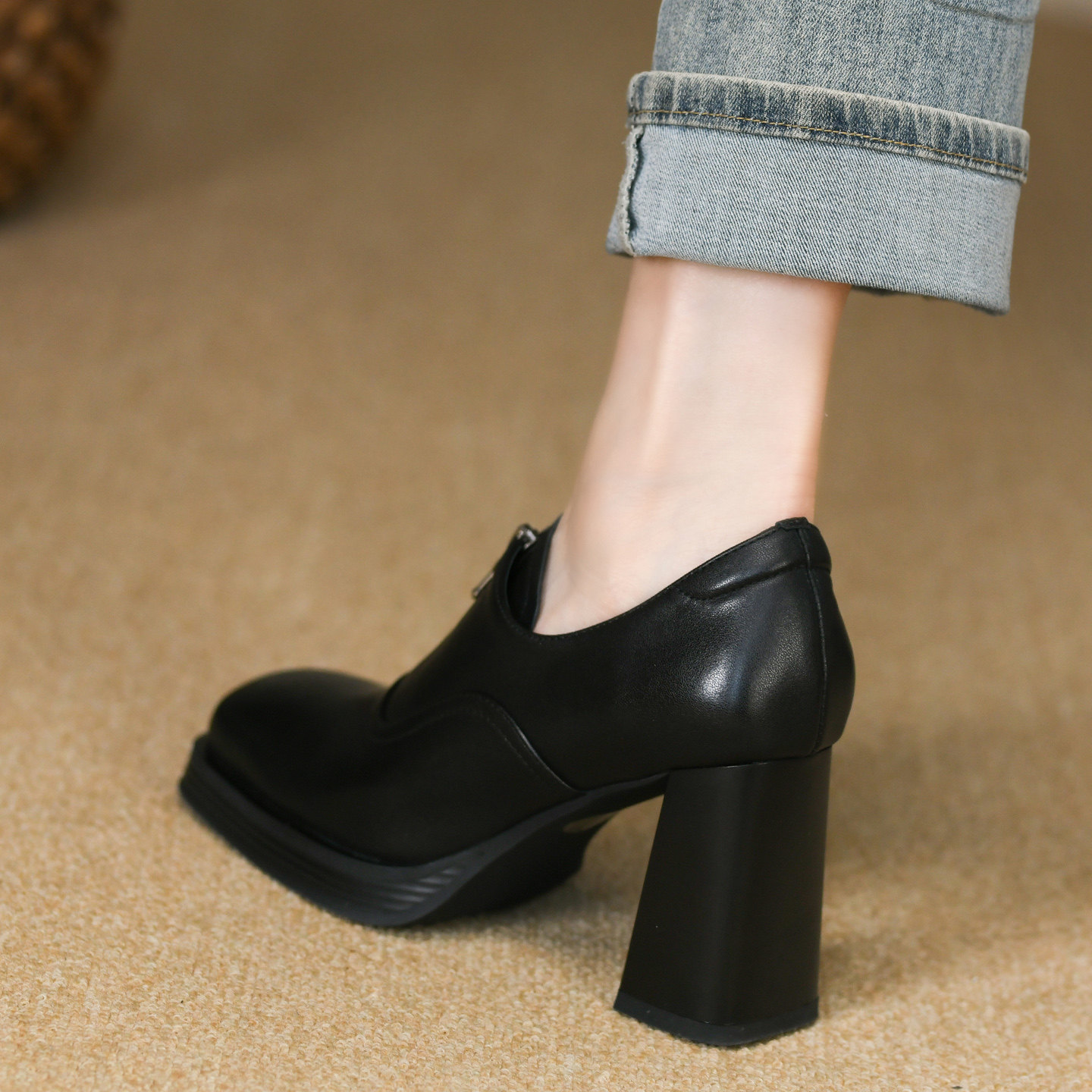 8.5cm方头高跟鞋女秋季新款全牛皮真皮前拉链厚底深口单鞋女粗跟,淘宝优惠券,粉丝福利购,淘宝优惠卷