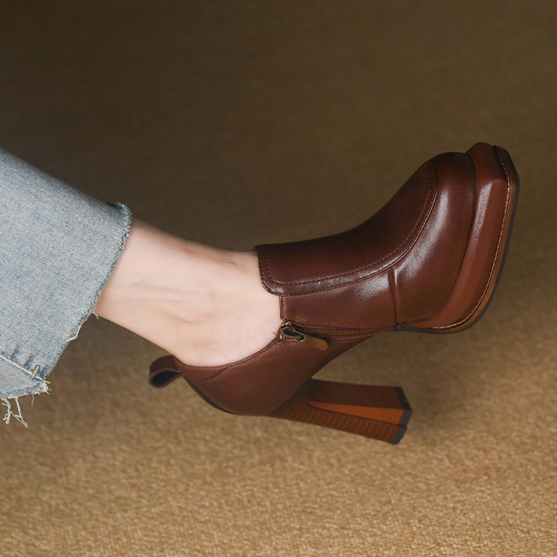 棕色深口单鞋女粗跟春秋防水台真羊皮拉链复古方头高跟鞋女9.5cm,淘宝优惠券,粉丝福利购,淘宝优惠卷