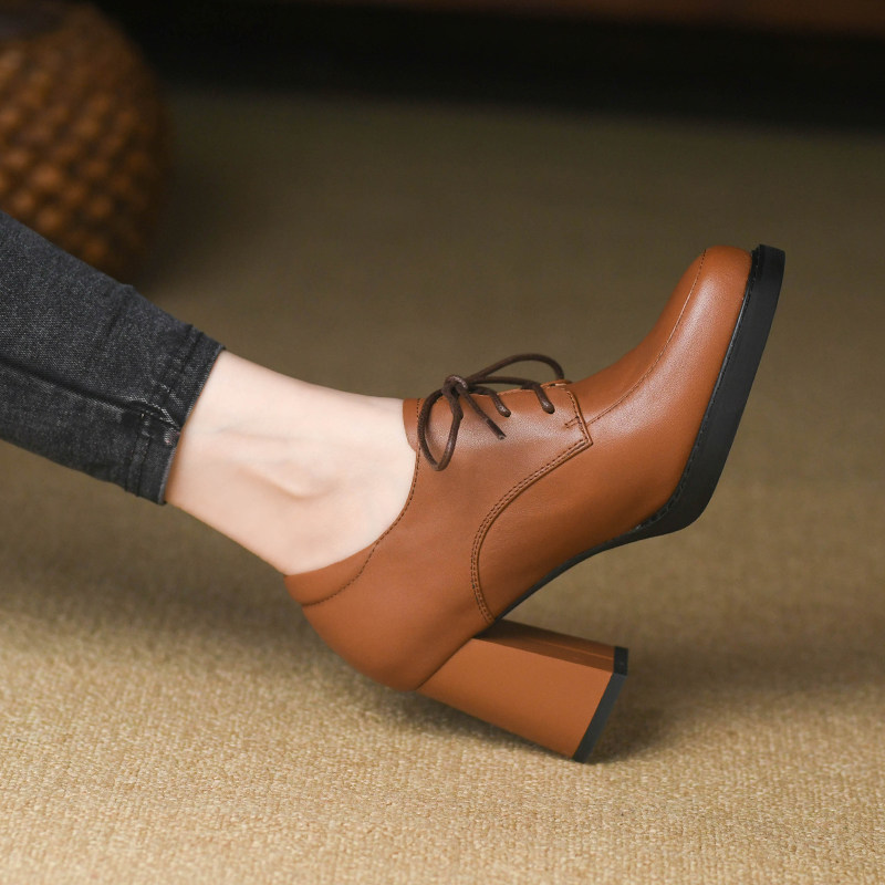 复古圆头深口单鞋女2024新款春季真皮系带小皮鞋黑色高跟鞋女粗跟,淘宝优惠券,粉丝福利购,淘宝优惠卷
