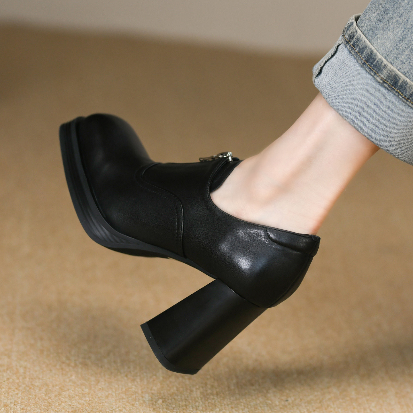 8.5cm方头高跟鞋女秋季新款全牛皮真皮前拉链厚底深口单鞋女粗跟,淘宝优惠券,粉丝福利购,淘宝优惠卷