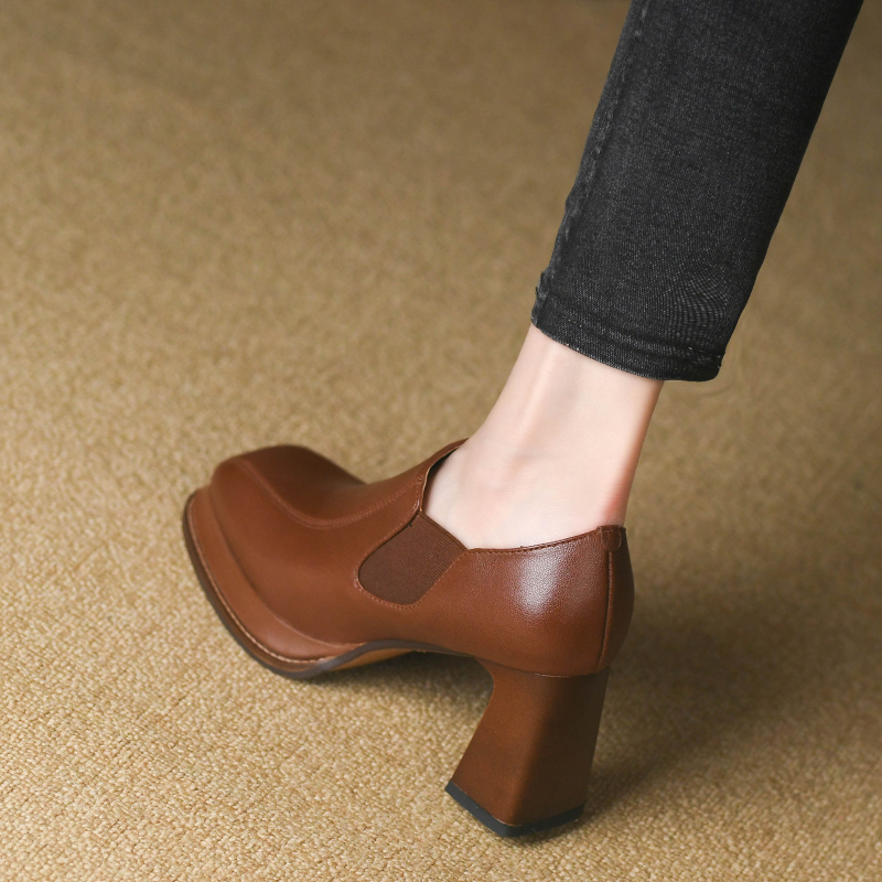 英伦风复古方头深口单鞋女粗跟2024春秋季真皮松紧口高跟小皮鞋女,淘宝优惠券,粉丝福利购,淘宝优惠卷