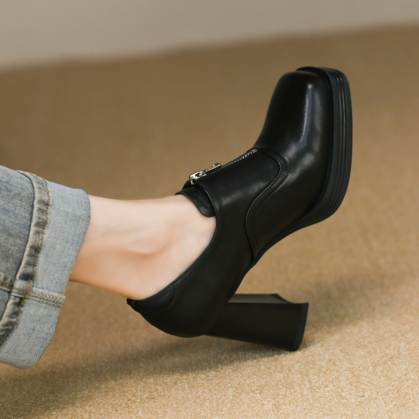 8.5cm方头高跟鞋女秋季新款全牛皮真皮前拉链厚底深口单鞋女粗跟,淘宝优惠券,粉丝福利购,淘宝优惠卷