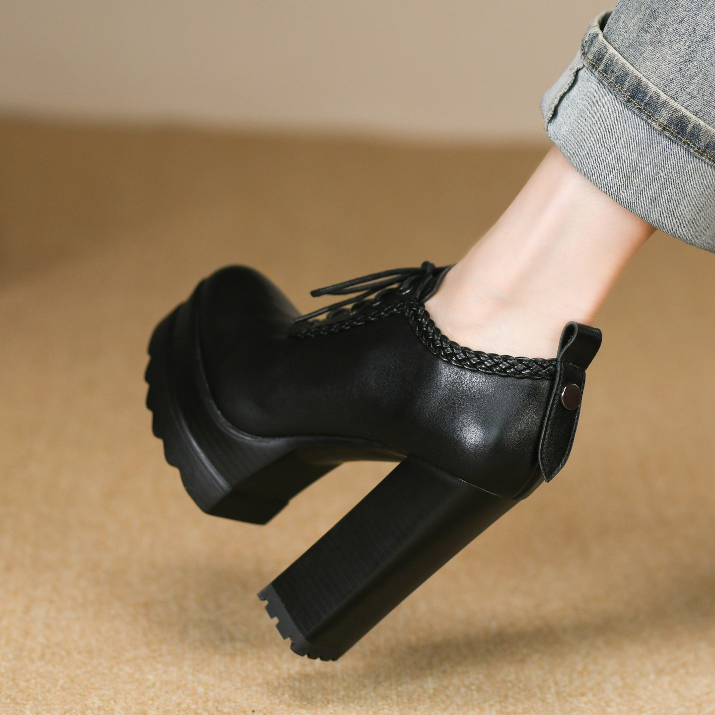 13cm圆头厚底超高跟鞋女秋季款头层牛皮系带防水台深口粗跟单鞋女,淘宝优惠券,粉丝福利购,淘宝优惠卷